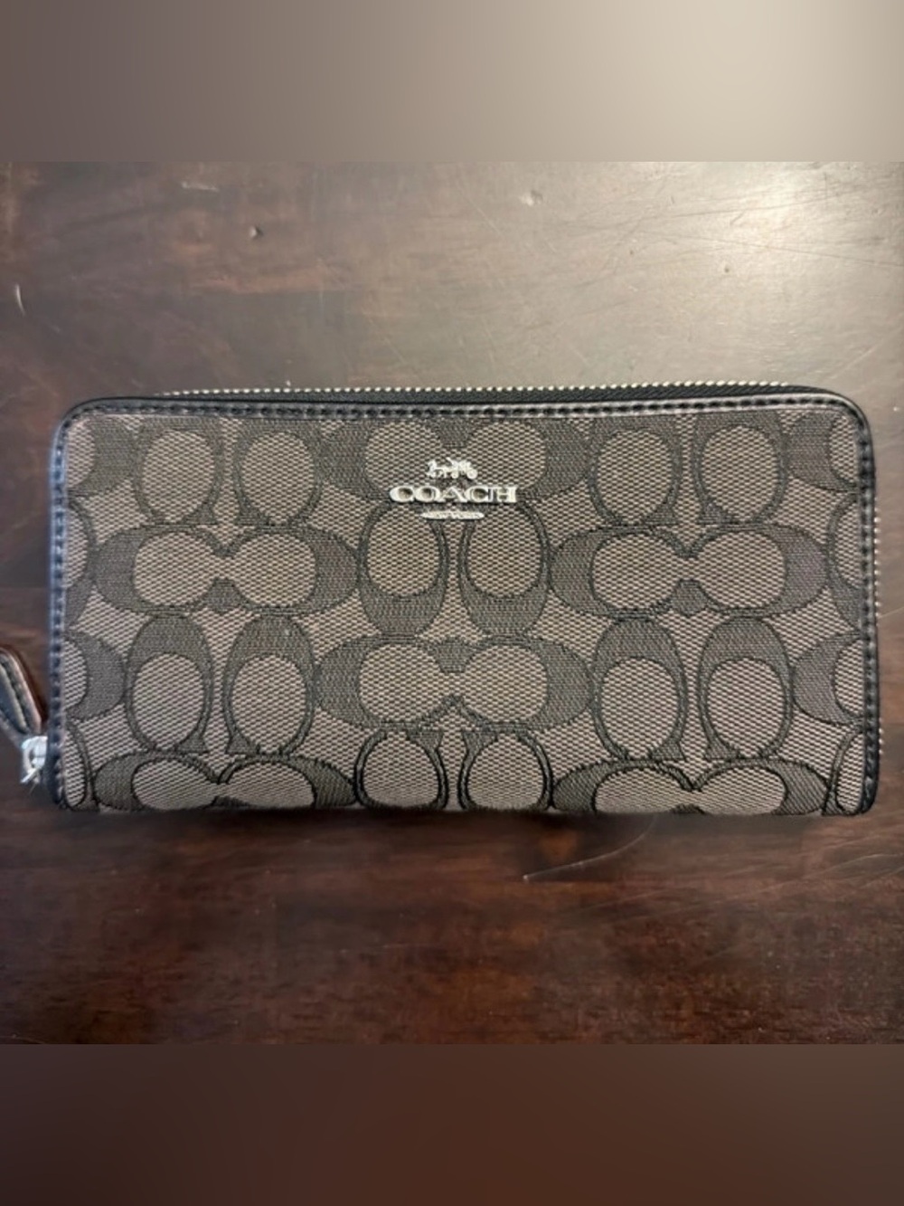 Coach Signature Zip Wallet in Black and Gray Jacquard